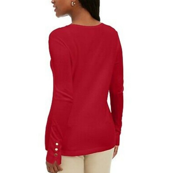 JM Collection Button Cuff V Neck Sweater Red S - Picture 4 of 12